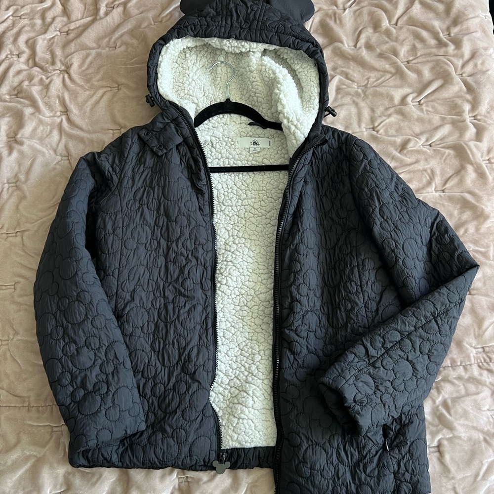 Disney Black Quilted Jacket with Mickey Ears Hood